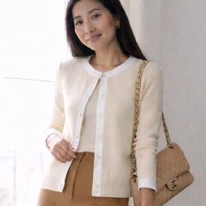 Lauren Ralph Lauren Beige Cream Chanel Style Cotton Cardigan Sweater, Size PM